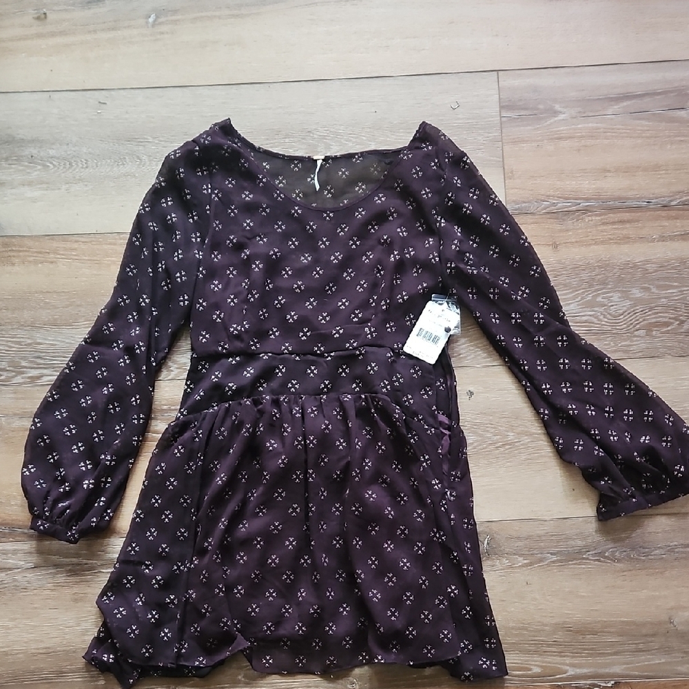 Free People Maroon Floral Long Sleeve Dress